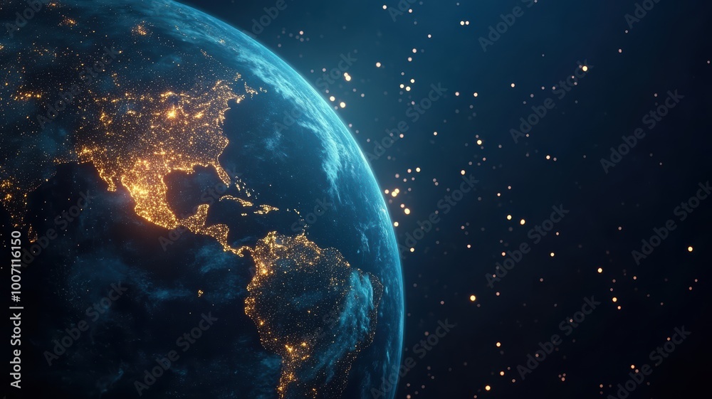 Obraz premium A stunning view of Earth with city lights glowing against a backdrop of starry space.