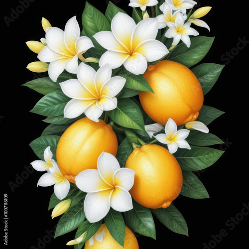 Yellow lemons and white flowers on a black background