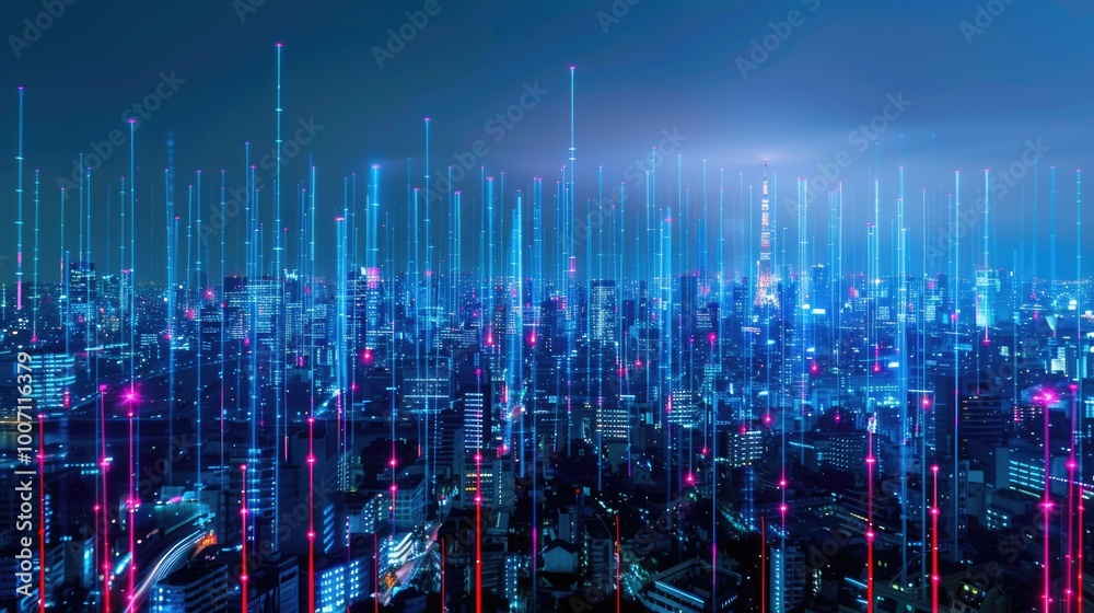 Fototapeta premium Urban landscape at night with numerous lights and buildings