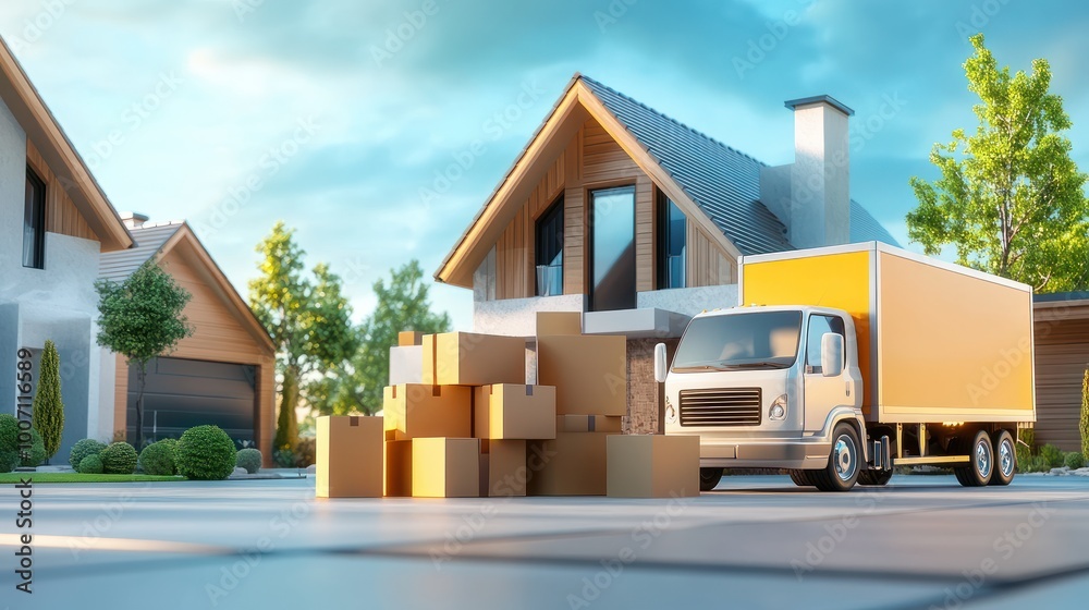 Obraz premium A moving day scene with stacks of boxes, furniture, and a large moving truck parked in the driveway of a new house.