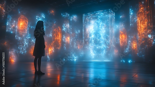 A lone woman stands in a futuristic room, gazing at a glowing cube. The room is filled with an ethereal mist and orange and blue lights, creating a surreal and mysterious atmosphere.