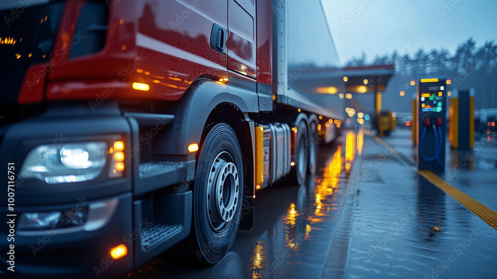 Electric truck recharging at a biogas station during a rainy dusk Electric truck recharging at a biogas station during a rainy dusk