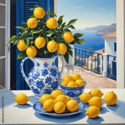 Still life with lemons on a table by the window, view from the window to the sea