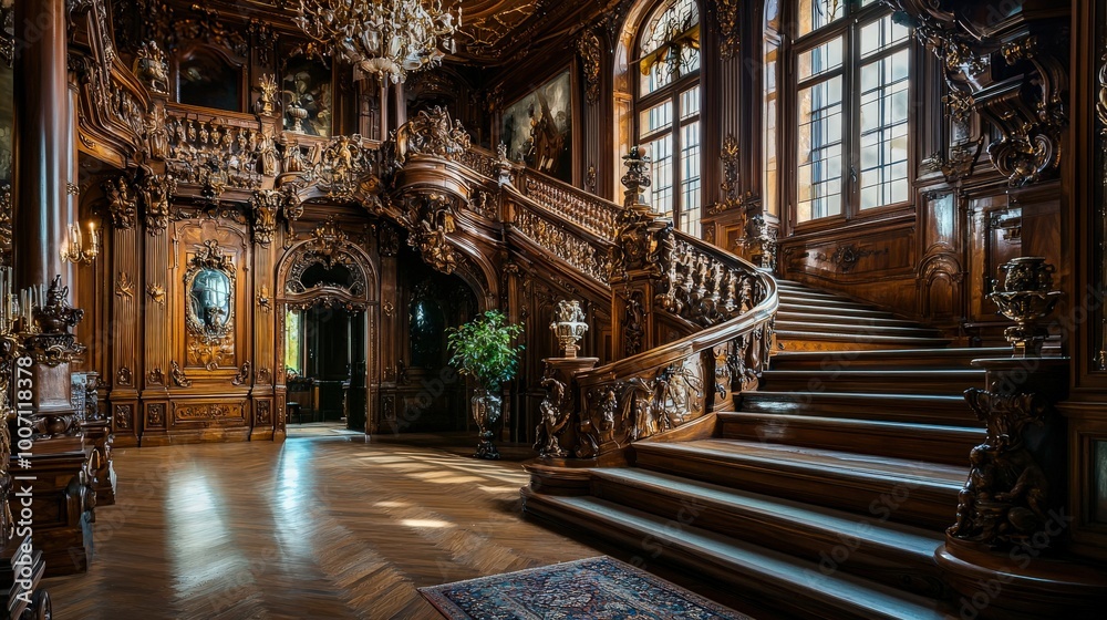 Fototapeta premium A historic castle interior showcasing grand staircases, intricate carvings, and opulent decor. This majestic design captures the essence of regal architecture and timeless elegance