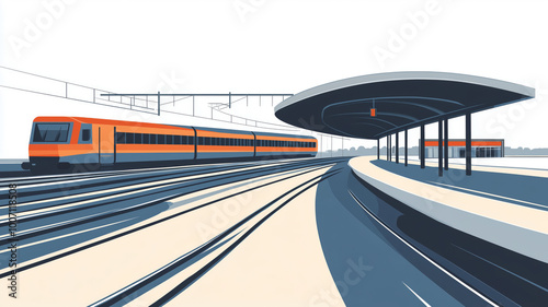 A vibrant train departs from a modern station under a clear sky, signifying the start of a new journey