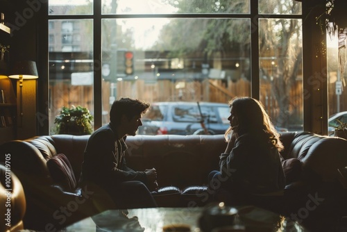 A couple sitting together on a couch, gazing out the window