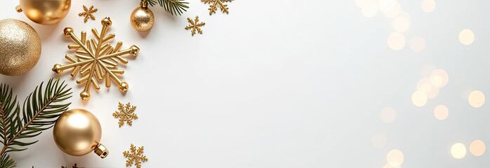 Top view white background with golden Christmas decorations and snowflakes placed in the top left corner. Soft golden bokeh light and a subtle blur effect on the right creating space for the text