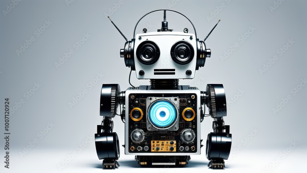 A retro-style robot with large eyes and a speaker, designed for playful interaction. A retro-style robot with large eyes and a speaker, designed for playful interaction.