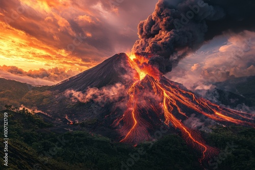 Fototapeta Naklejka Na Ścianę i Meble -  active volcano in the middle of a dense tropical jungle