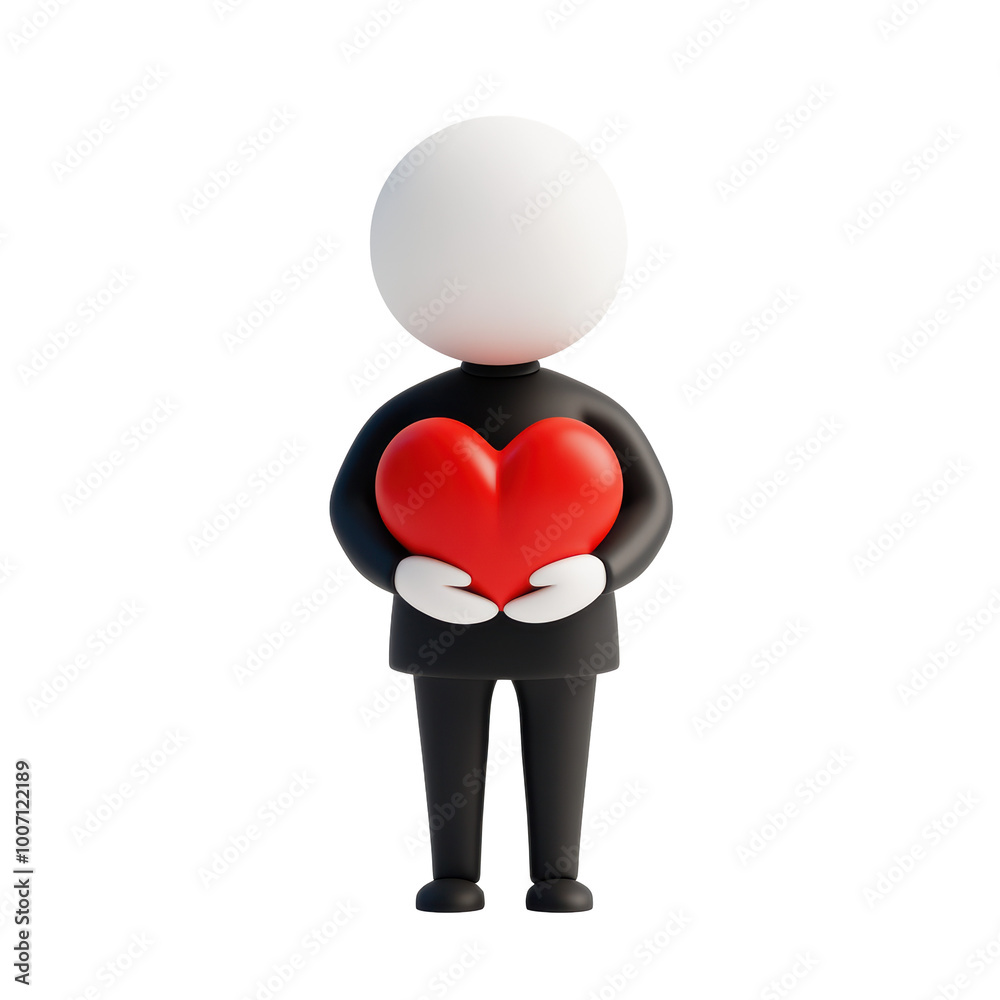 Character holding red heart in 3D illustration, symbolizing love, care, and affection, designed in a minimalistic and cute style with black and white outfit. Isolated on transparent background, png. Character holding red heart in 3D illustration, symbolizing love, care, and affection, designed in a minimalistic and cute style with black and white outfit. Isolated on transparent background, png.