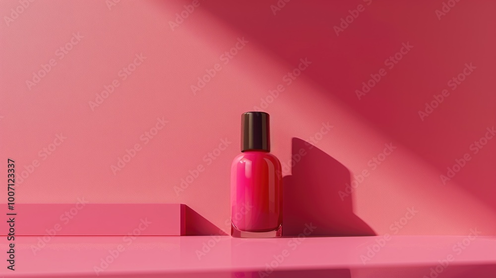 A bottle of pink nail polish sits on a pink surface A bottle of pink nail polish sits on a pink surface
