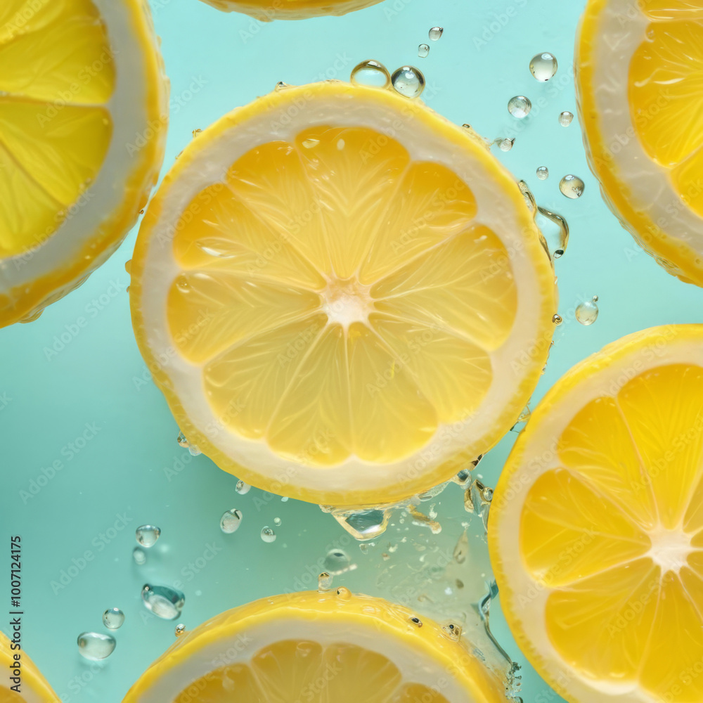 Round lemon slices in bubble water, close-up Round lemon slices in bubble water, close-up