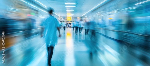 Blurred motion of people walking through a hallway.