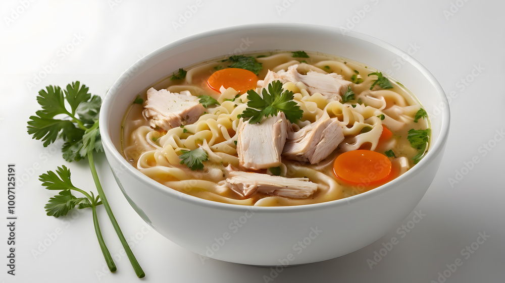 Instant chicken noodle soup in a white ceramic bowl isolated on white. Parsley garnish. Instant chicken noodle soup in a white ceramic bowl isolated on white. Parsley garnish.