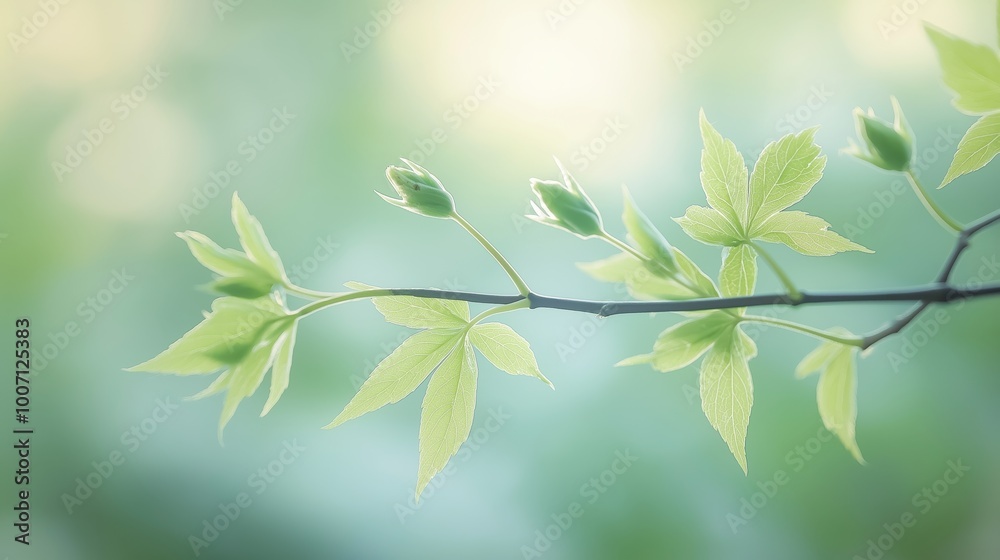 spring young bud maple green leaves in peaceful nature background, soft tender light spring young bud maple green leaves in peaceful nature background, soft tender light
