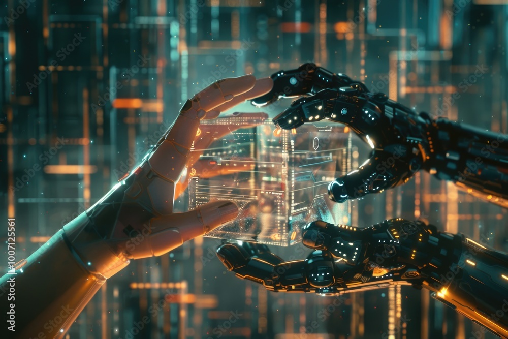 A glass ball being held by two hands against the backdrop of a futuristic city A glass ball being held by two hands against the backdrop of a futuristic city