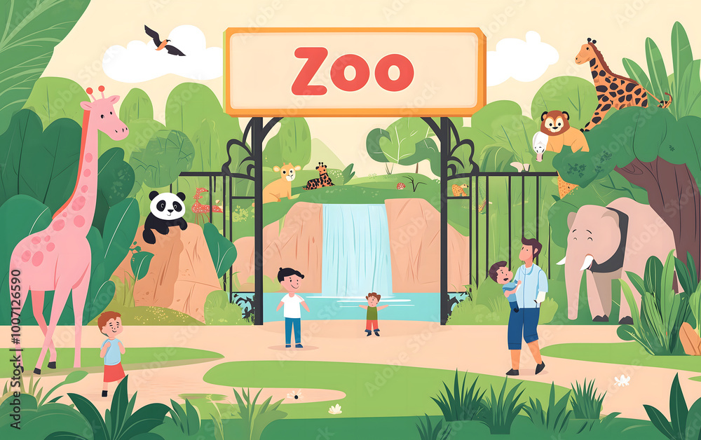 Fototapeta premium A cartoon zoo entrance with the words Zoo Animal and Adventure Concept