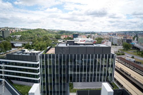 Port7 multifunctional complex in Prague 7 Holesovice, high rise buildings, Skyscrapers from a low angle view in modern city Prague,