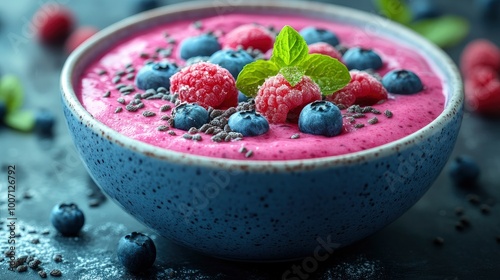 Delicious Pink Smoothie Bowl with Raspberries, Blueberries, and Chia Seeds