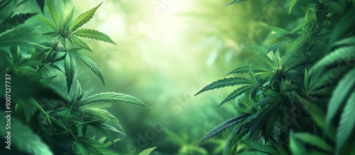 Close-up of lush green cannabis plants in a field with a blurred background of sunlight.