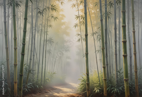Path in Asian garden with bamboo, illustration