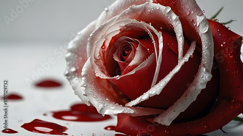 Fototapeta Naklejka Na Ścianę i Meble -  a white rose bleeding on a white table, space for copy