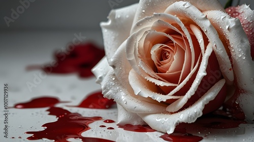 Fototapeta Naklejka Na Ścianę i Meble -  a white rose bleeding on a white table, large space for copy