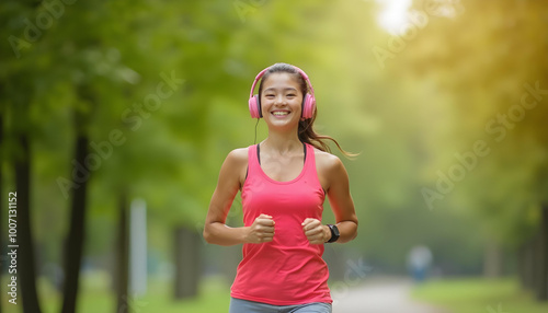 Morning Run. Smiling asian girl in headphones jogging in green park, feeling healthy and motivated, copy spac