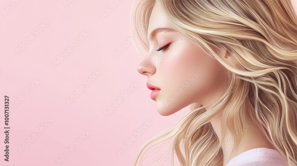 Naklejka premium Healthy hair care, beauty and woman with clean shampoo hair after self care treatment, spa beauty salon or luxury wellness routine. Shine, soft and natural blonde model isolated on studio