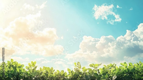 There is a lush green forest under a blue sky, decorated with clouds and suffused with golden rays of the sun shining through verdant tree canopy