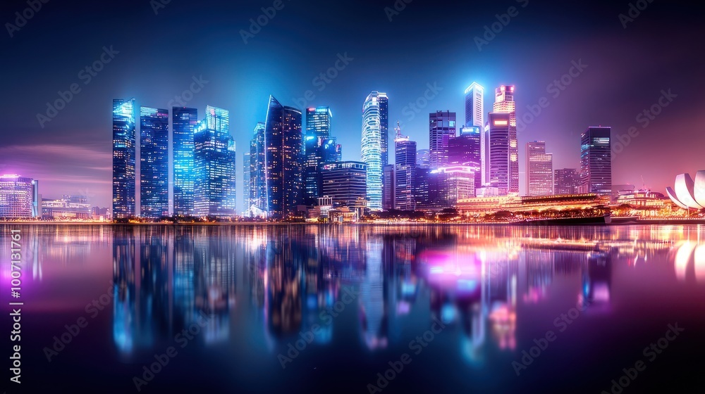Fototapeta premium Beautiful night skyline with illuminated buildings and reflections on a river, capturing the energy of the city.