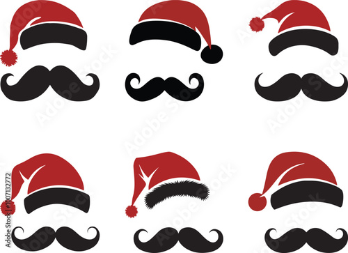 Santa hat and hipster moustache. Cartoon Santa front wearing. Winter clothes isolated vector set. Illustration of Claus hat red, Santa Christmas