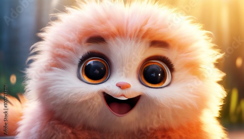 Adorable fluffy animated creature with wide, expressive eyes, smiling brightly under warm sunlight. The image evokes joy and warmth, perfect for animation or children's media.