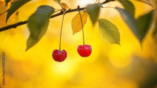 two ripe red cherry on tree branch with sunlight at farmland
