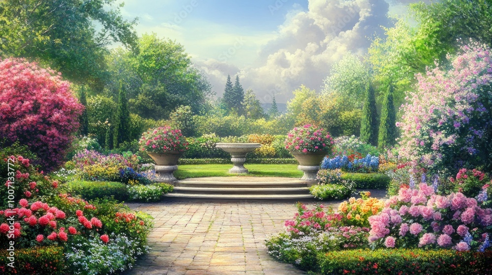 A Stone Pathway Through a Lush Garden with Blooming Flowers and Stone Urns A Stone Pathway Through a Lush Garden with Blooming Flowers and Stone Urns