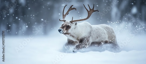 Reindeer running through a snowy landscape with a blurred forest background. photo