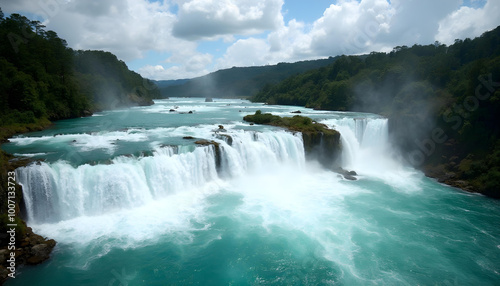 turquoise water, green forest on background. Beautiful landscape view. Active summer holidays.