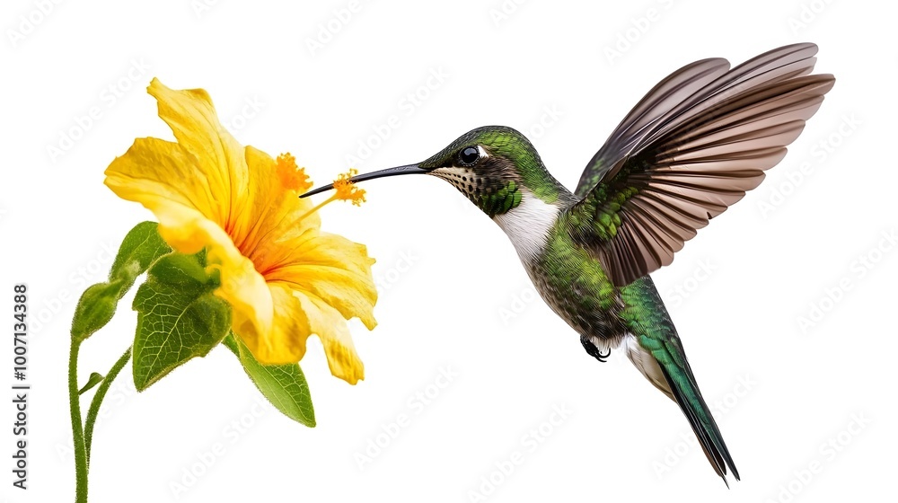 Fototapeta premium Sword-billed Hummingbird Flying and Sucking Nectar from Flower, on White Background, Photo Realistic, Wallpaper, Cover and Screen for Smartphone, PC, Laptop, 9:16 and 16:9 Format