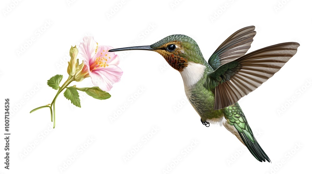 Obraz premium Sword-billed Hummingbird Flying and Sucking Nectar from Flower, on White Background, Photo Realistic, Wallpaper, Cover and Screen for Smartphone, PC, Laptop, 9:16 and 16:9 Format