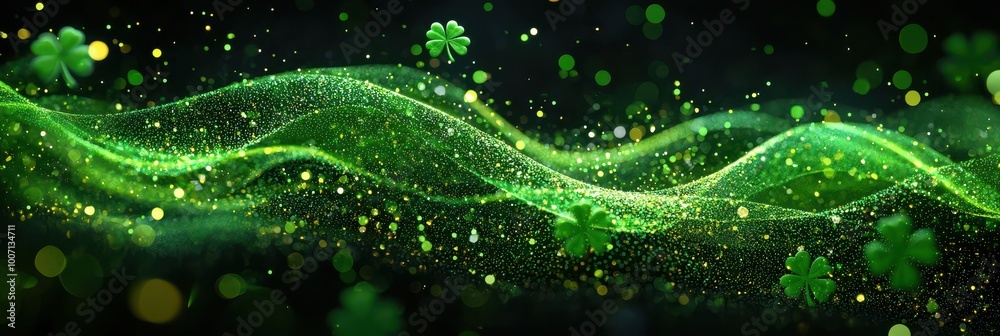 St. Patrick's Day glowing green shamrocks against a dark background with sparkling waves of festive lights St. Patrick's Day glowing green shamrocks against a dark background with sparkling waves of festive lights