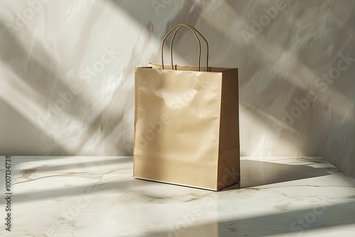 A simple brown paper bag rests on a marble surface illuminated by soft, natural light photo