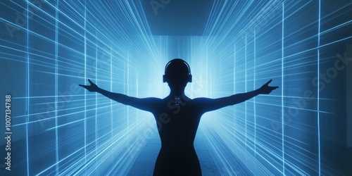 a person standing in a room with light beams