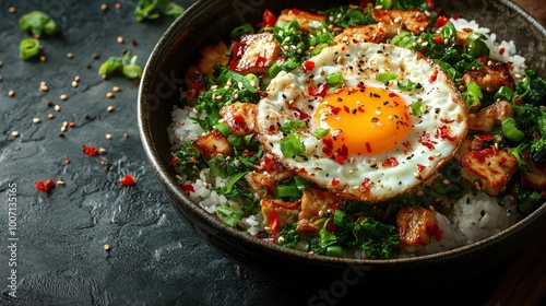 Delicious Asian Style Tofu Rice Bowl with Fried Egg photo