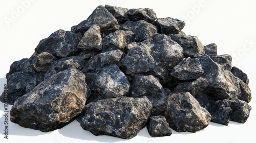 An isolated white background shows a pile of shattered black stone pieces.