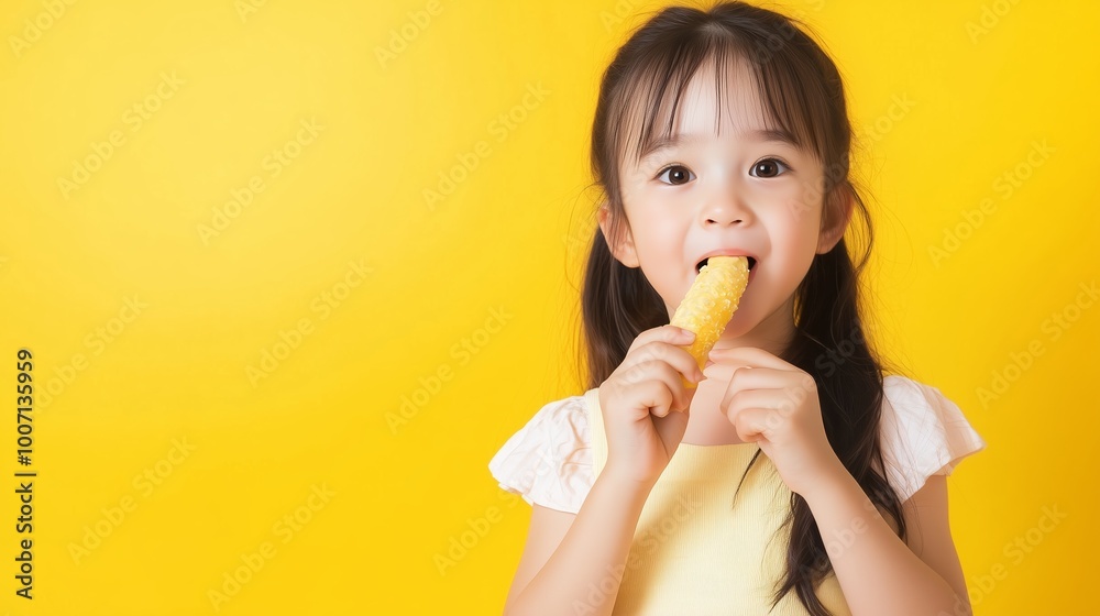 Young girl enjoys a yellow popsicle against a bright yellow background during a sunny day Young girl enjoys a yellow popsicle against a bright yellow background during a sunny day