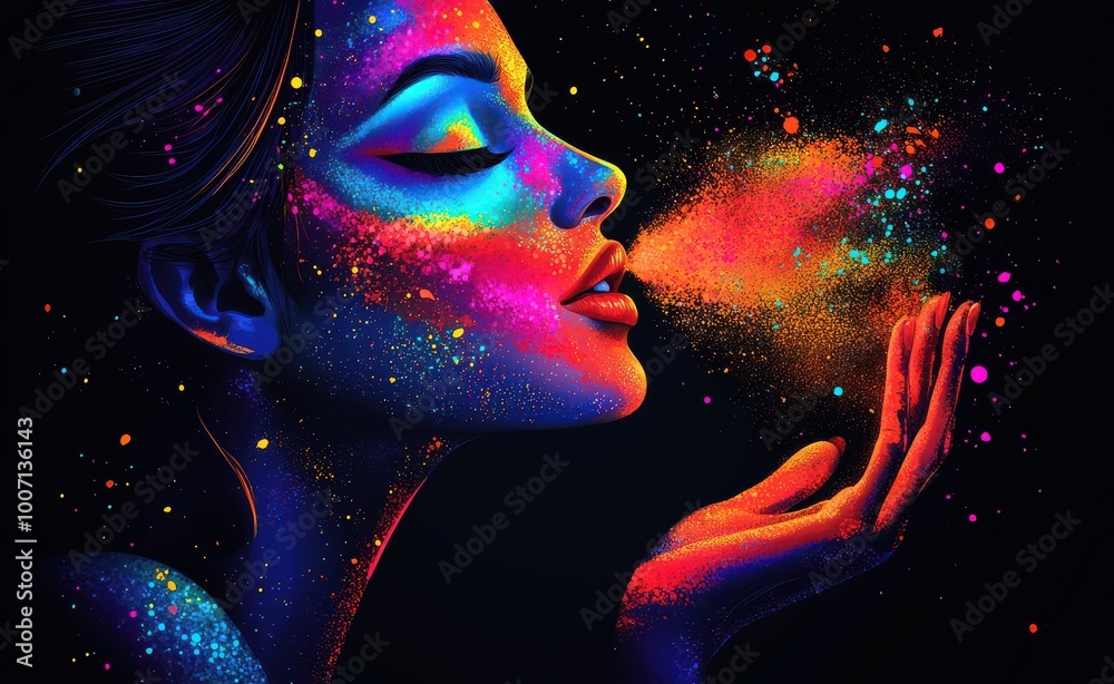 Mesmerizing woman with vibrant colorful makeup and glowing hand against a dark background, showcasing expressive beauty and artistic flair.