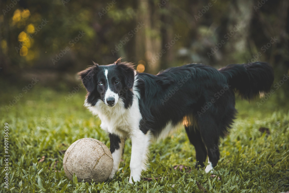 Border Collie playing with a ball on the grass at sunset Border Collie playing with a ball on the grass at sunset