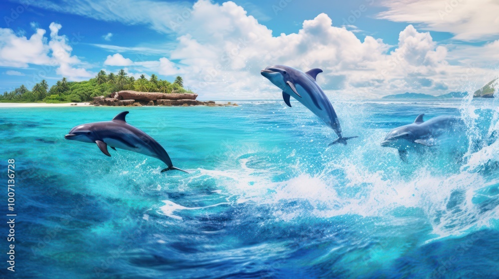 Obraz premium Three Dolphins Leaping in the Turquoise Waters of a Tropical Island