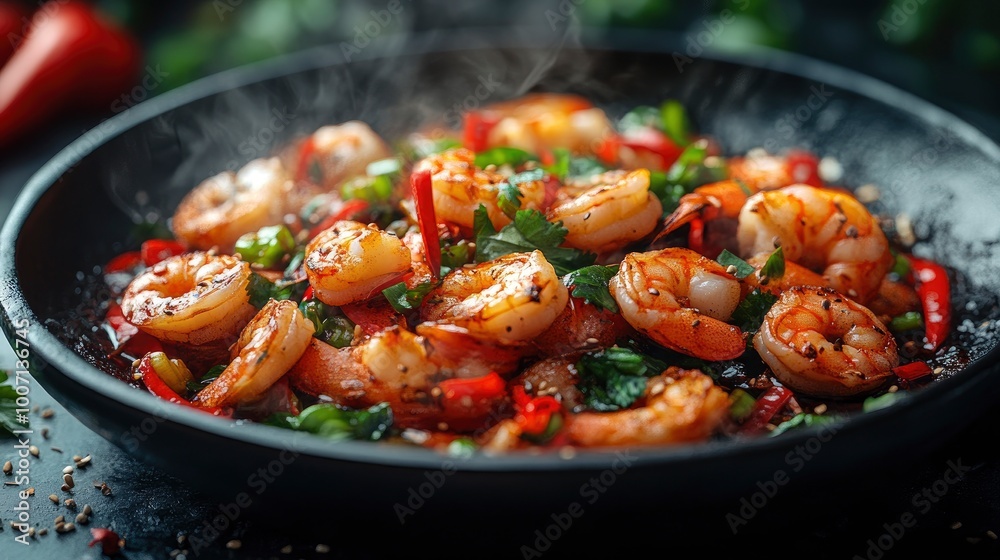 Close-Up of Steaming Shrimp Stir Fry in a Wok Close-Up of Steaming Shrimp Stir Fry in a Wok