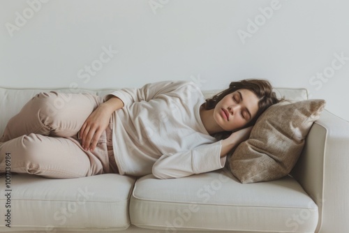 A person lying down on a sofa with their eyes shut, possibly sleeping or meditating